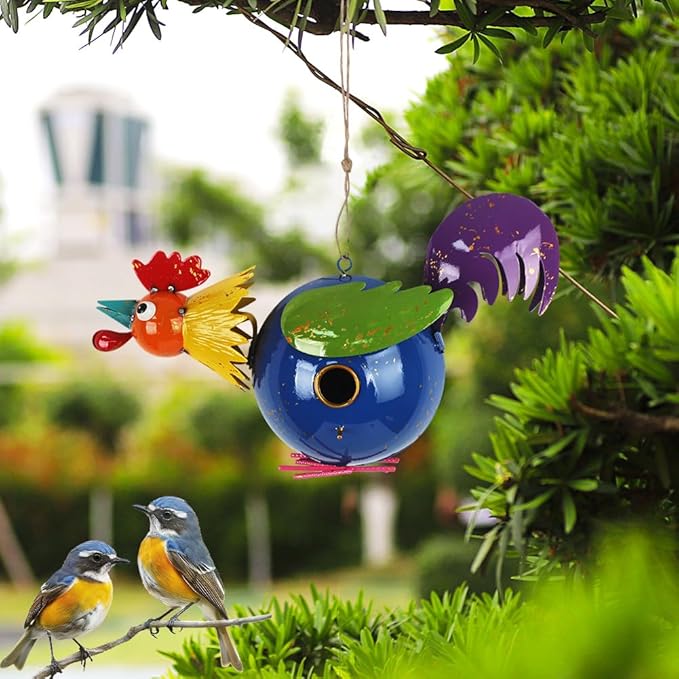 37" Bird Houses for Outside, Outdoor Metal Rooster Birdhouse with Hanging String & Poles for Patio, Yard, Garden
