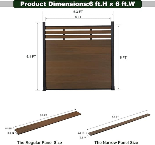 Mondaria Semi-Closed Privacy Fence Panels with 1 Post for Outside, 6ft(W) x 6ft(H), Wind Resistant Wood Plastic Composite Fencing Panels for Patio, Backyard, Garden and Pool, Brown