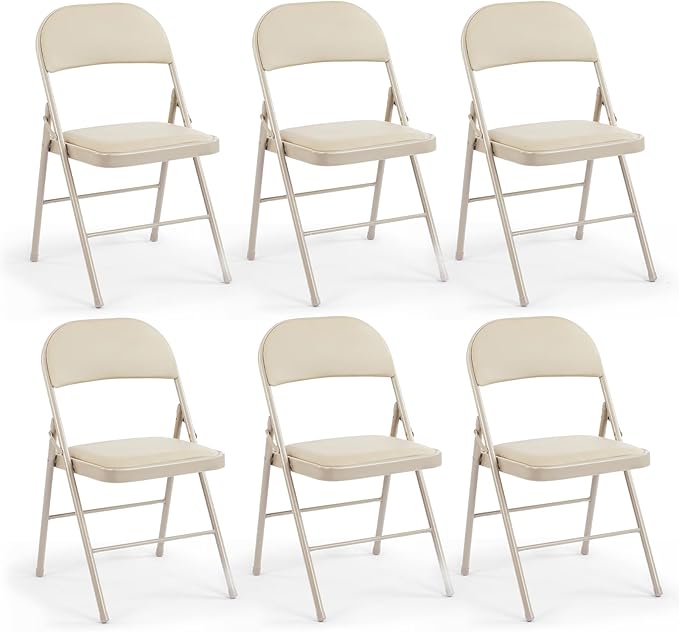 DUMOS 6 Pack Leather Padded Folding Chair, Indoor Outdoor Portable Stackable Commercial Seat with Steel Frame, Capacity for Home, Office, Party, Comfy, Kahki