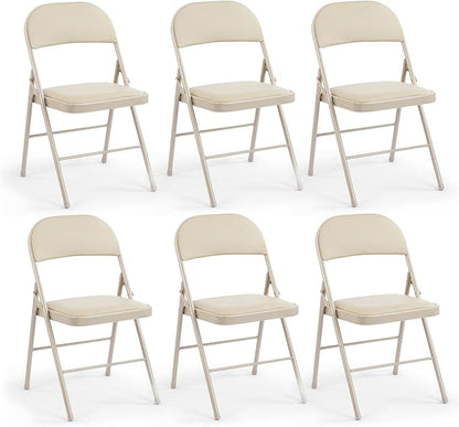 DUMOS 6 Pack Leather Padded Folding Chair, Indoor Outdoor Portable Stackable Commercial Seat with Steel Frame, Capacity for Home, Office, Party, Comfy, Kahki