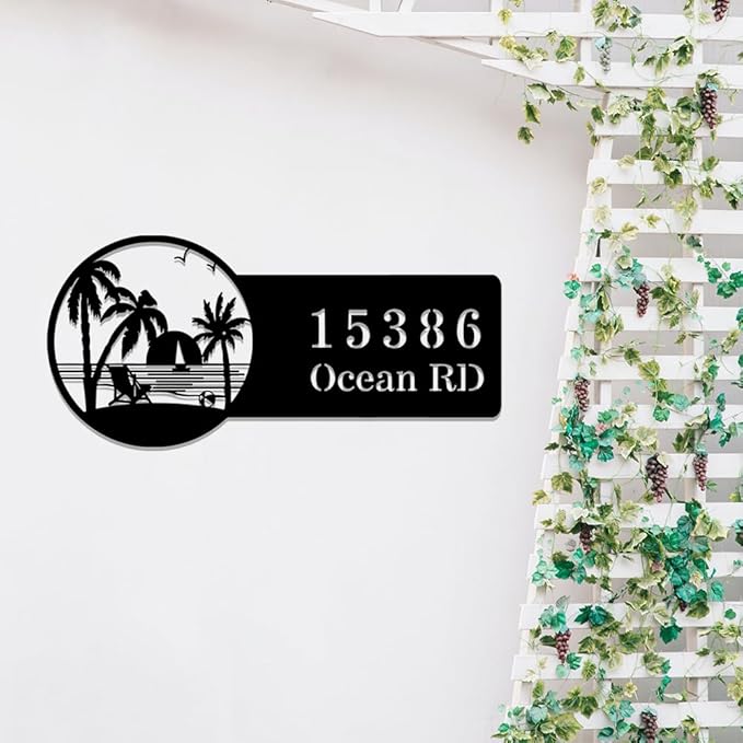 Beach House Metal Sign Custom,Palm Tree Personalized House Number Sign,Custom Home Address Number Plaque,Street Address Wall Hanging for Door Hanger,Housewarming Gifts,Home Decor for Apartment Outdoor