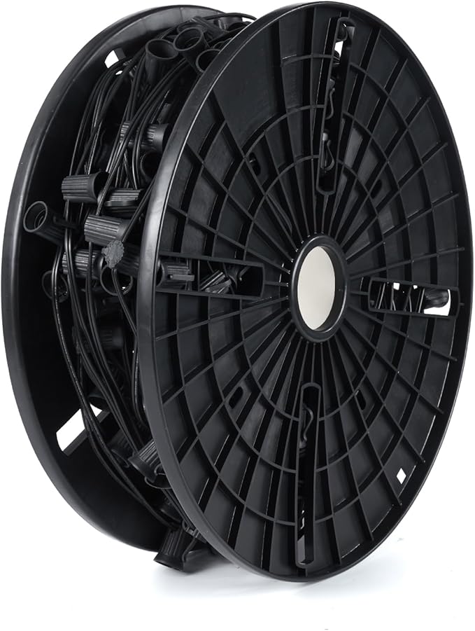 Brightown Commercial 250 FT C9/E17 Christmas Stringer Bulk Reel, C9 Light Sockets Set Spool with 12" Spacing, UL Listed Christmas Roof Lights Cord, SPT-1 8-Awg, Black