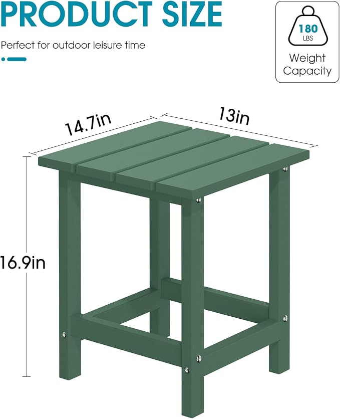 MUCHENGHY Adirondack Outdoor Side Table, 14.7" Patio Side Table Weather Resistant, HDPE Outdoor End Tables for Patio, Green