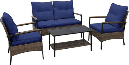 EAGLE PEAK 4 Piece Mojave Dusk Outdoor Conversation Set, Patio Wicker Furniture, Loveseat, 2 Patio Chairs and Coffee Table, Brown/Blue