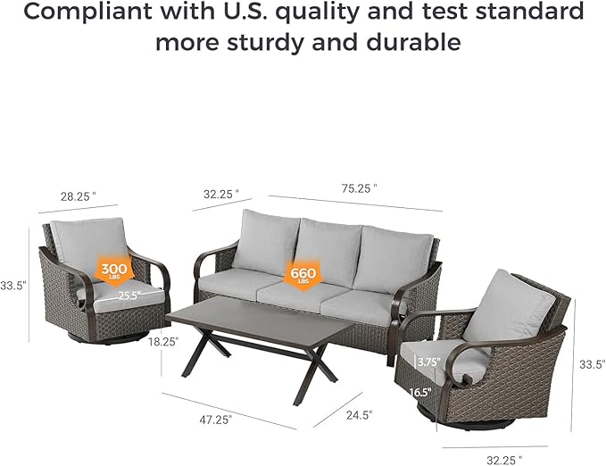 Grand Patio 4-Piece Outdoor Patio Furniture Set - Rocking Conversation Swivel Chairs, Coffee Table - Wicker Furniture with Woodgrain Finish Frame, Ponce Harbor Dark Brown