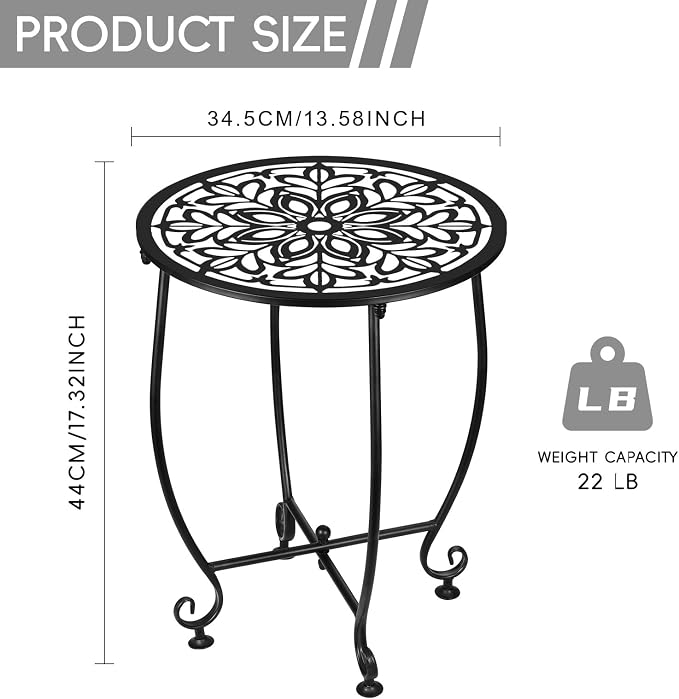 Small Outdoor Side Tables - 14 Inch Metal Patio Side Table, Anti-Rust Waterproof Outdoor Round End Table for Patio Porch Garden Yard Balcony, Black (Style D)
