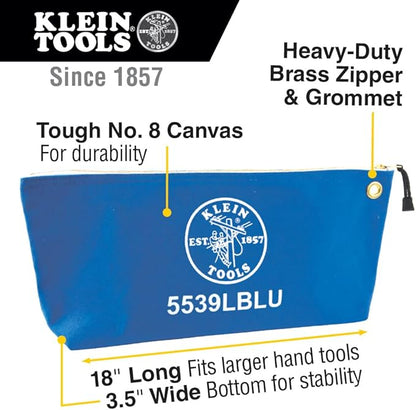 Klein Tools 5539LBLU Zipper Bag, Large 16-Inch Canvas Tool Pouch for Tool Storage with Brass Zipper, and Grommet for Hanging, Blue (Pack of 3)