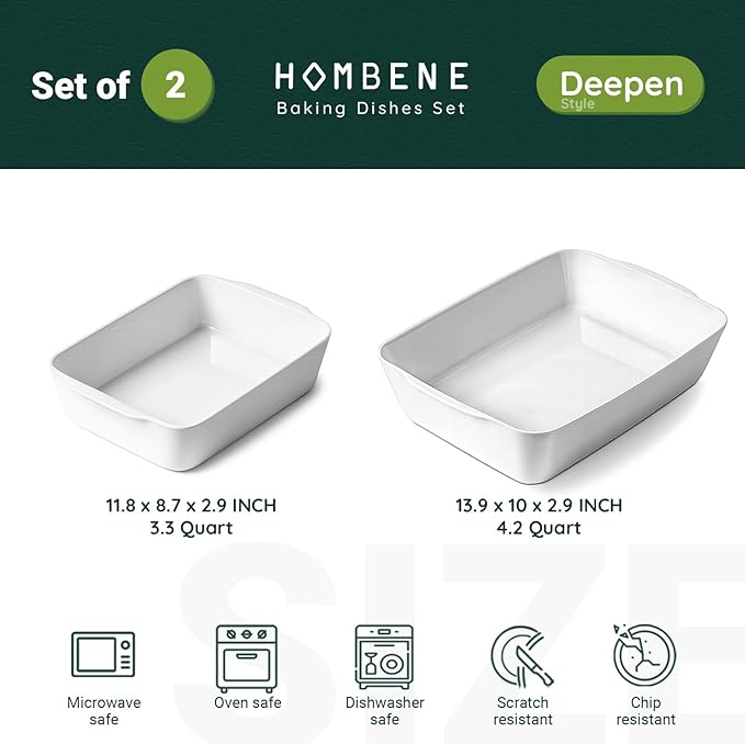 HOMBENE Ceramic Baking Dish Set for 2, Casserole Dish,Ceramic Baking Pan, Bakeware for Baking, Kitchen Decor, Microwave Oven Safe (3.3QT/4.2QT)