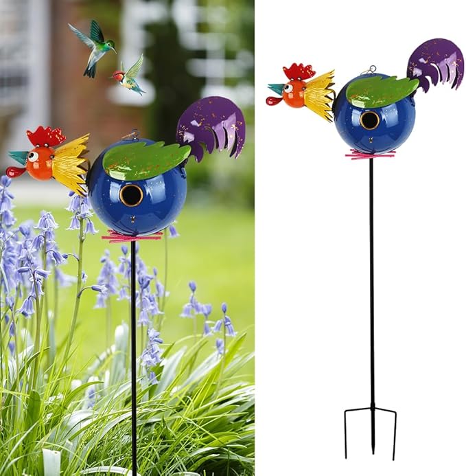 37" Bird Houses for Outside, Outdoor Metal Rooster Birdhouse with Hanging String & Poles for Patio, Yard, Garden