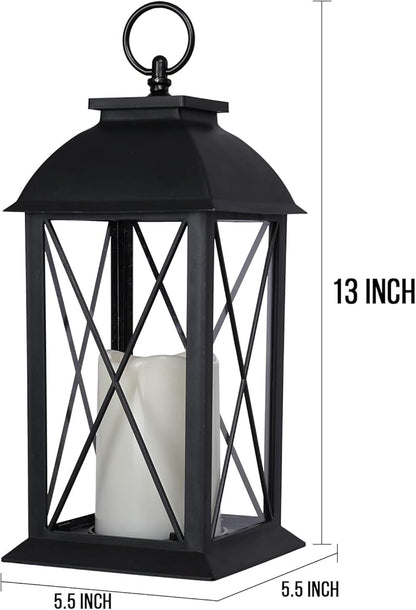Bdor 2 Pack 13-Inch Black Decorative Lantern with LED Candle (6hr Timer) - IP65 Waterproof Battery Powered - Outdoor Patio Hanging Lanterns Decorative Tabletop Lanterns
