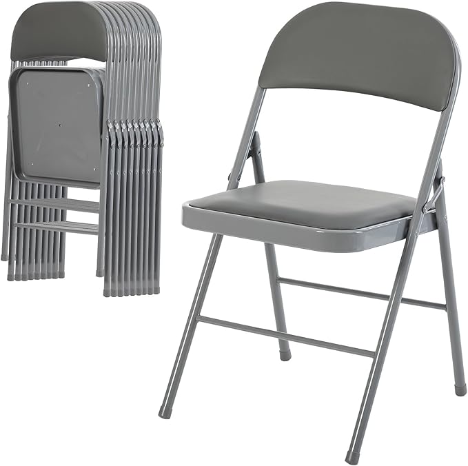 DUMOS 10 Pack Folding Chairs with Padded Cushion and Back - PU Leather Stackable Portable Dining Chairs Set, for Home and Office, Conference, Wedding, Party, Patio, Garden, for Indoor Outdoor, Grey