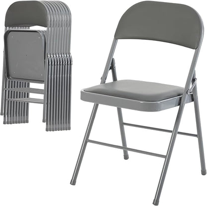 DUMOS 10 Pack Folding Chairs with Padded Cushion and Back - PU Leather Stackable Portable Dining Chairs Set, for Home and Office, Conference, Wedding, Party, Patio, Garden, for Indoor Outdoor, Grey