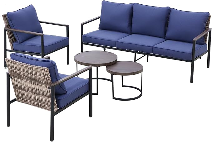 COOS BAY Sand Dune 5 Piece Wicker Patio Furniture Set, Rattan Outdoor Furniture with Nesting Tables, Chairs, Couch, and Coffee Tables, Brown/Blue