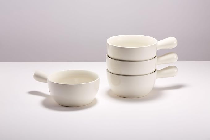 Kook French Onion Soup Crocks, Stackable Ceramic Bowls with Handles, Oven, Microwave and Dishwasher Safe, for Cereal, Soups, Casseroles, with Handle, Stoneware, 24 oz, Set of 4, White