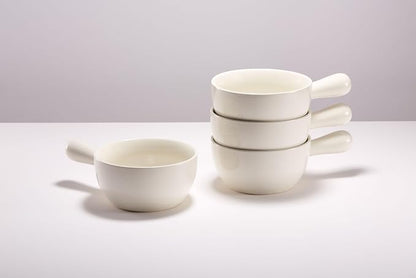 Kook French Onion Soup Crocks, Stackable Ceramic Bowls with Handles, Oven, Microwave and Dishwasher Safe, for Cereal, Soups, Casseroles, with Handle, Stoneware, 24 oz, Set of 4, White