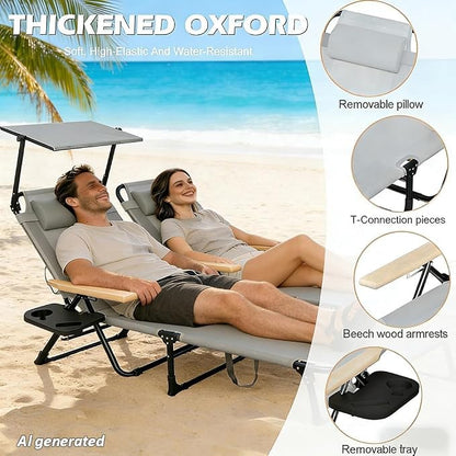 Folding Lounge Chair with Adjustable Canopy, Portable Sun Lounger with 4-Position Reclining Back, Outdoor Chaise Lounge with Arms, Tanning Chair for Beach Poolside Backyard Camping, 440LBS (Gray B)