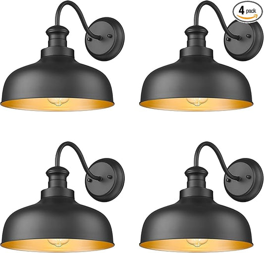 Outdoor Farmhouse Barn Light, Outside Wall Sconce, Weather Resistant Anti-Rust Farmhouse Exterior Wall Mount Light, Outdoor Lantern Lamp for Porch, Garage, Patio, Entryway (Black, 4 Pack)