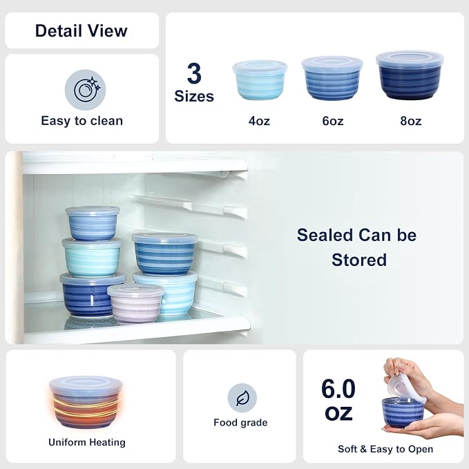 Selamica 4 oz Ramekins with Lids Oven Safe, Creme Brulee Souffle Dishes Ramekins with Covers, Porcelain Custard Cups for Baking, Stackable Mini Ramekin Bowls for Pudding Dip Sauces, Set of 6, Gradient Blue