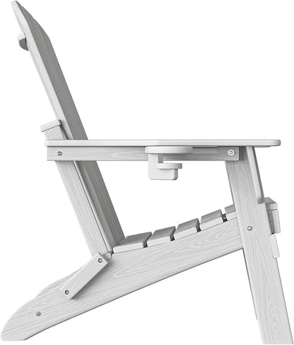 Plawdlik Folding Adirondack Chair, SGS Tested, Wooden Textured with Cup Holder, Heavy All-Weather HDPE Comfortable Set Poolside Backyard Lawn White