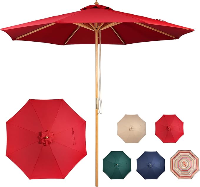 9FT Table Patio Outdoor Umbrella Market Round Umbrella with Pulley Lift Windproof & Waterproof, 8 Ribs with Polyester Cover for Garden, Deck, Pool, lawn, Backyard