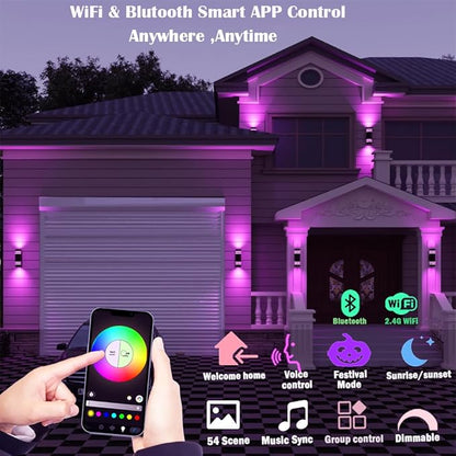 Smart Outdoor Wall Lights Color Changing 2 Pack, RGB+2700K-6500K Modern Exterior Lighting Fixtures Cylinder Outside Wall Sconce with Glass, WiFi APP Control Up Down Outdoor Porch Lights