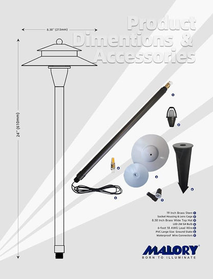 MALORY Low Voltage Pathway Lights with G4 Bulb 1-Pack,(24''H) Brass Landscape Path Light, 12V Outdoor LED Landscape Lighting for Yard with Ground Stake(P03)