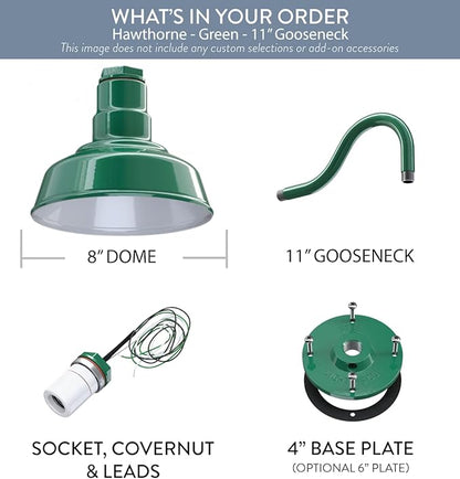 Steel Lighting Co. Hawthorne Barn Light | Outdoor Wall Mounted | 8 inch Dome | 11 inch Gooseneck| Small Farmhouse Light Made in America | Green Exterior/White Interior