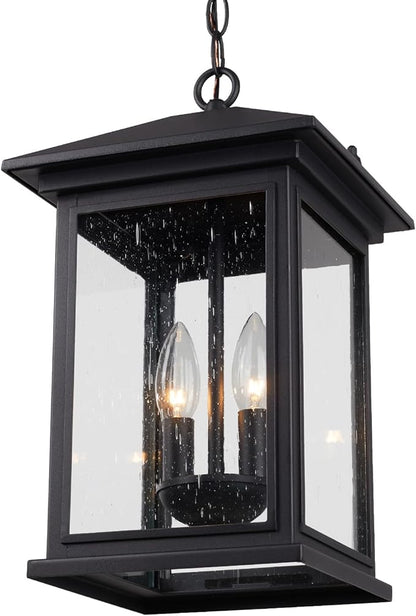 Treekee Large Outdoor Pendant Light, Modern Adjustable Hanging Lantern, Black Outside Porch Chandelier Light with Seeded Glass, Exterior Pendant Lighting for Patio, Porch, Yard