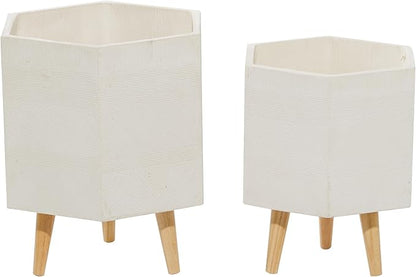Deco 79 Magnesium Oxide Indoor Outdoor Planter Large Planter Pot with Wood Legs, Set of 2 Planters 15", 17"H, White