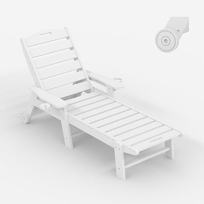 PeakPursuit Patio HDPE Chaise Lounge with Rolling Wheels, Oversize 5-Position Lounge Chair with Cup Holder, Resin Pool Lounger Chair for Outside