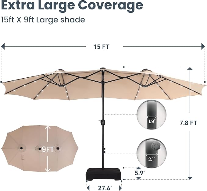 PHI VILLA 15ft Large Patio Umbrella with Base & Solar Lights, Double-Sided Outdoor Rectangle Umbrellas with 36 LED Lights, Umbrella for Outside with Stand, Beige