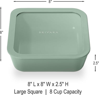 Glass Food Storage Container with Lid, 8-Cup Large Square | Microwave-Safe Airtight Lid, Oven-Safe Ceramic-Coated Glass | Zero Plastic, No PFAS/PFOA/BPA, Reusable [Willow]