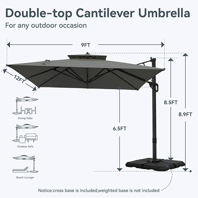 GREEN PARTY 12x9 ft Cantilever Patio Umbrella, Rectangle Offset Outdoor Umbrellas with 360° Rotation, 5-Year-Non-Fading Hanging Pool Umbrella for Garden Deck Poolside - Grey