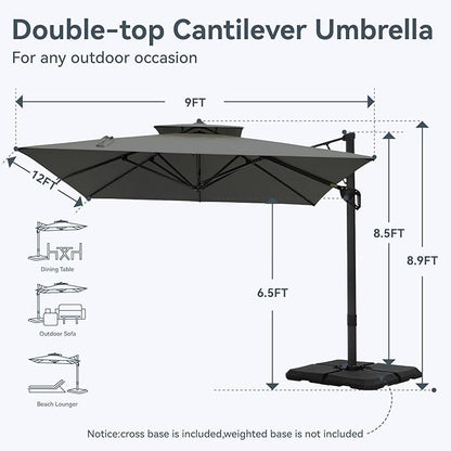 GREEN PARTY 12x9 ft Cantilever Patio Umbrella with Base Included, Rectangle Offset Outdoor Umbrellas with 360° Rotation, 5-Year-Non-Fading Hanging Pool Umbrella for Garden Deck Poolside - Grey