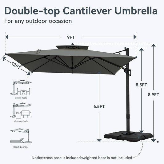 GREEN PARTY 12x9 ft Cantilever Patio Umbrella with Base Included, Rectangle Offset Outdoor Umbrellas with 360° Rotation, 5-Year-Non-Fading Hanging Pool Umbrella for Garden Deck Poolside - Grey