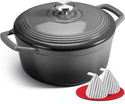 Overmont Enameled Cast Iron Dutch Oven - 5.5QT Pot with Lid Cookbook & Cotton Potholders - Heavy-Duty Cookware for Braising, Stews, Roasting, Sourdough Baking Grey