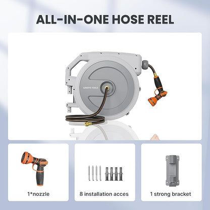 Giraffe Tools Heavy Duty Retractable Garden Hose Reel 1/2 130 FT, Wall Mounted with 9 Pattern Nozzle & Detachable Leader Hose, 180° Swivel Bracket, Any Length Lock, Commercial Grade (Light Grey)