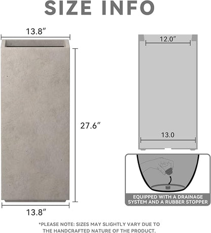 Kante 27.6" H Tall Rectangular Concrete Planter, Modern Square Diameter Plant Pot with Drainage Hole and Rubber Plug for Indoor Outdoor Home Patio Garden, Weathered Concrete