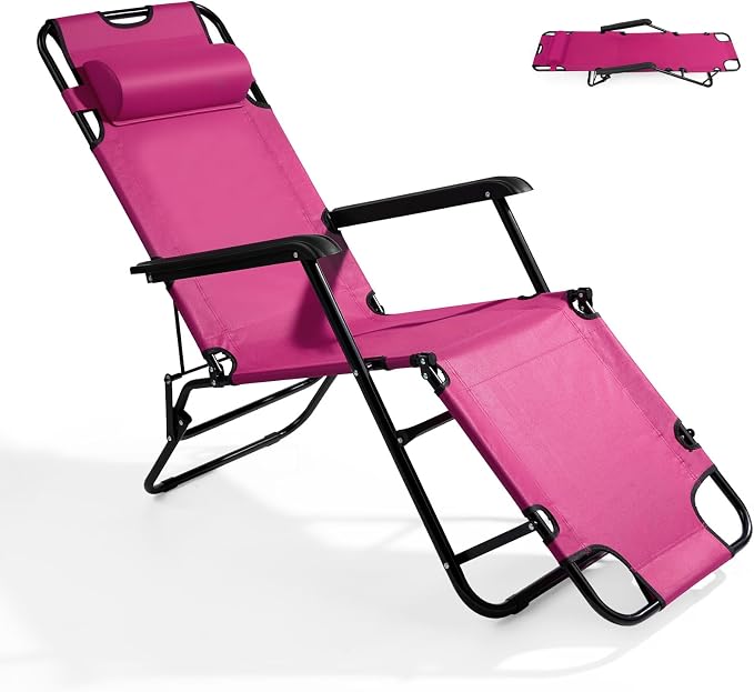 Outvita Folding Chaise Lounge Chair, Outdoor Adjustable Recliner Chair with Pillow for Camping, Beach, Poolside, Garden, Backyard, Lawn