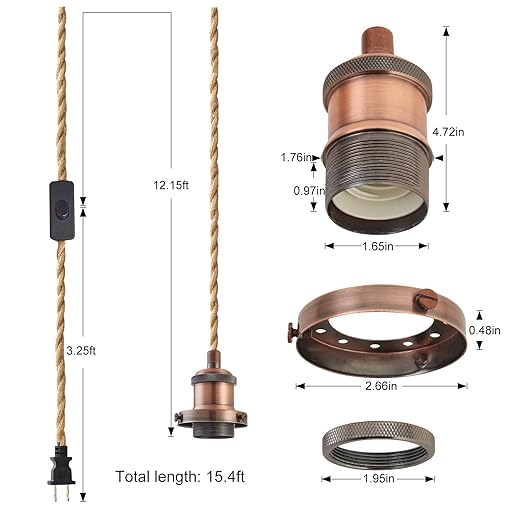 15.4ft Pendant Light Cord Kit, Industrial Vintage Plug in E26 Socket Hanging Light with Switch, Hemp Rope Hanging Light Fixture for Pendant Lamp Farmhouse Lamp Cable DIY