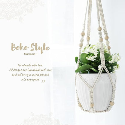 Mkono 3 Pack Macrame Plant Hangers Indoor Different Size Hanging Planter Basket Flower Pot Holder with Beads No Tassels 35"/29"/23", Medium, Ivory