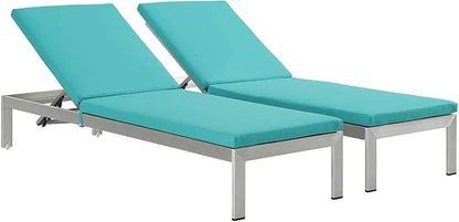 Modway Shore Aluminum Outdoor Patio Two Chaise Lounge Chairs with Cushions in Silver Turquoise