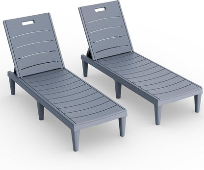 Devoko Outdoor Chaise Lounge Chair Set of 2 with 5-Position Adjustable Back, Waterproof & Lightweight PP Lounge Chairs for Outside Pool Patio (Light Grey)