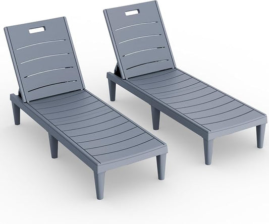 Devoko Outdoor Chaise Lounge Chair Set of 2 with 5-Position Adjustable Back, Waterproof & Lightweight PP Lounge Chairs for Outside Pool Patio (Light Grey)