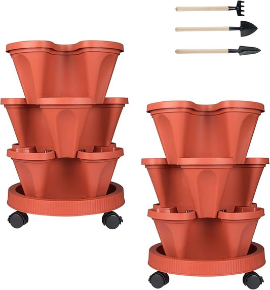 GameXcel Vertical Planter 3 Tier Stackable Planters Garden Planters Strawberry Herb Flower and Vegetable Planter Indoor Outdoor Gardening Pots with Removable Wheels and Tools 2-Pack