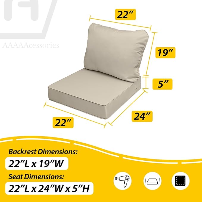 AAAAAcessories Outdoor Seat Cushions for Chairs, Fade-Resistant, Waterproof Patio Furniture Replacement Cushions, 22" x 24" x 5" + 22" x 19", Beige