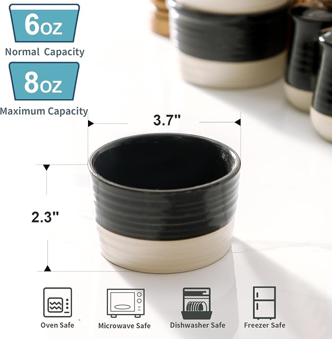 Hasense Ceramic Ramekins Set of 6, 8 Oz Oven Safe Mini Bowls, Black & Beige Farmhouse Ramekins for Creme Brulee, Souffle, Lava Cake & Dipping Sauces, Kitchen Decor