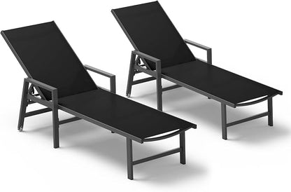 Patio Chaise Lounge Chair Outdoor with Wheels&Armrests, Aluminum Pool Lounge Chairs Set of 2 Five-Position Adjustable Recliner, Outdoor Beach Lounge Chairs for Outside, Patio, Deck, Yard, Black