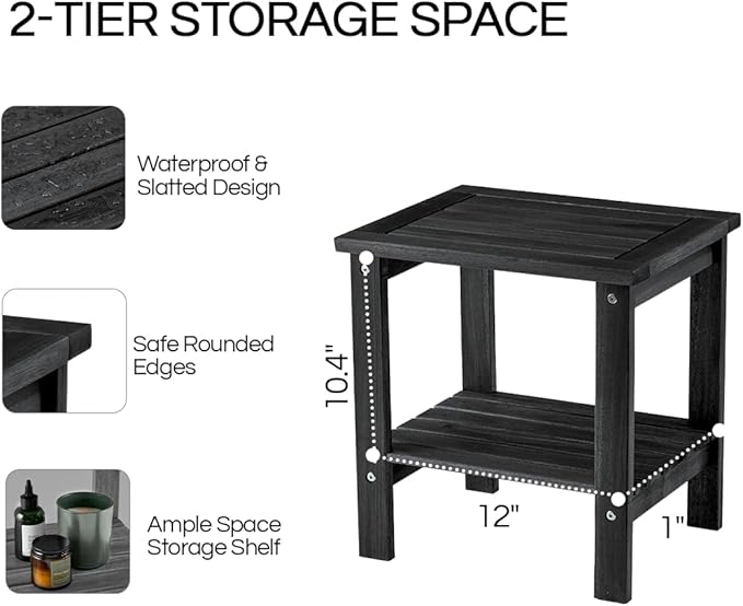 THYOI Premium Acacia Wood Outdoor Side Table, Adirondack Square Patio End Table with 2-Tier Storage Shelf, Weather-Resistant Small Table for Porch, Garden, Backyard, Poolside (Black)