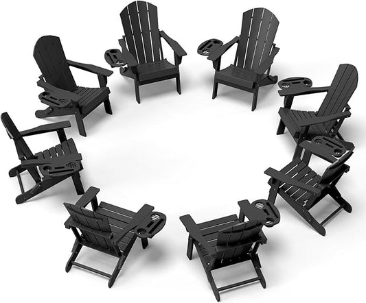 Adirondack Chair Set of 8, HDPE Folding Adirondack Chair with Multifunctional Cup Holder, Weather Resistant Fire Pit Chair for porches, patios, poolsides, Decks.